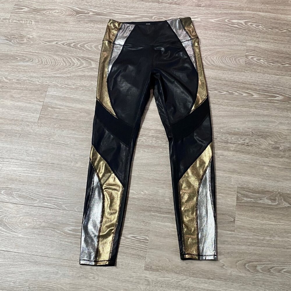 Good American Gold/Silver Metallic Mesh High Waist Leggings 3 L